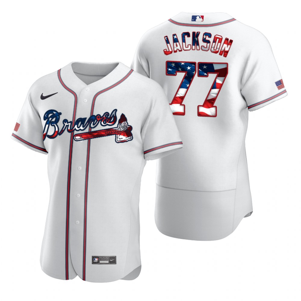 Atlanta Braves 77 Luke Jackson Men Nike White Fluttering USA Flag Limited Edition Authentic MLB Jersey